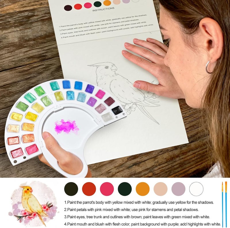 DPDPPL Watercolor Workbook, Water Coloring Book with 13 Pages 300GSM Paper, 26 Colors Watercolor Paint Set with Brush & Storage Bag, Beginner-Friendly Coloring Book for Adults - Birds Theme Art Kit - Image 3